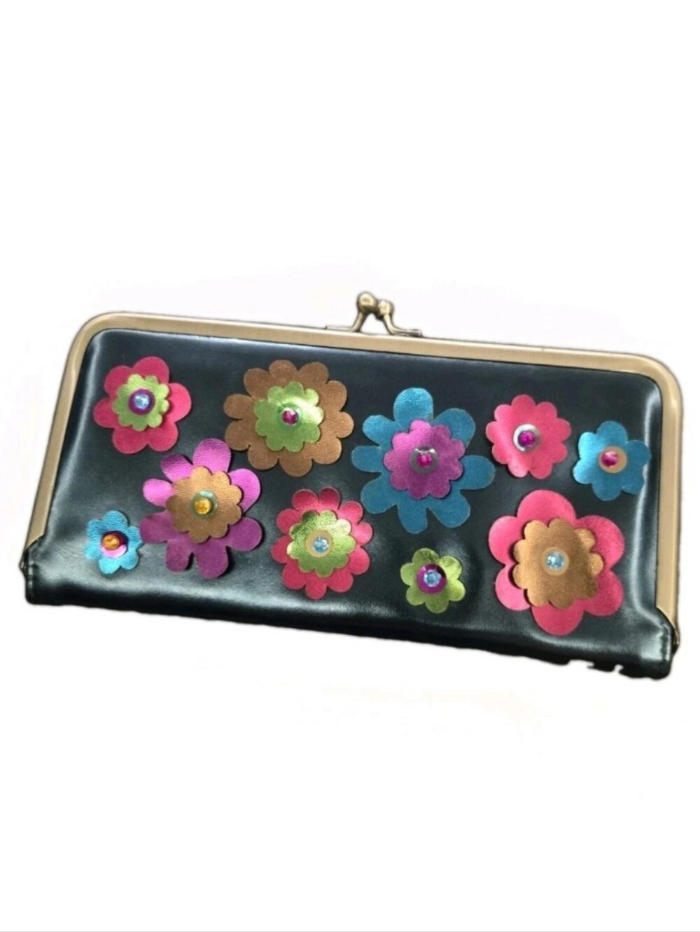 Natural Life Metallic Blue Floral Appliqué Kisslock Wallet Clutch Pink Liner